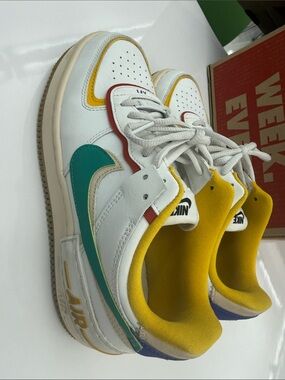 Nike Air Force 1 Women’s White Multi-Color Leather Sneakers with Teal Swoosh